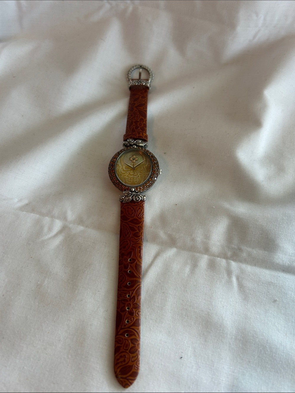 Embellished Skull Dial Leather Strap Watch in Warm Brown